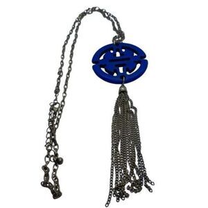 Unique 30” Long Blue Faux Stone Travel Tassel Gold Tone Chain Necklace